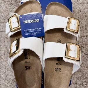 Birkenstock Kids White Sandals with Gold Accents